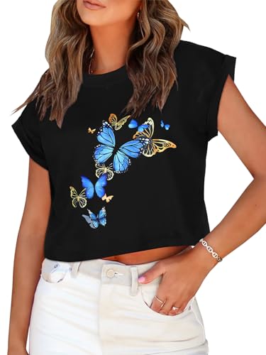 Image of Womens Crop Tops Summer Roll Cap Sleeve Cropped Tshirt Loose Fit Basic Tees