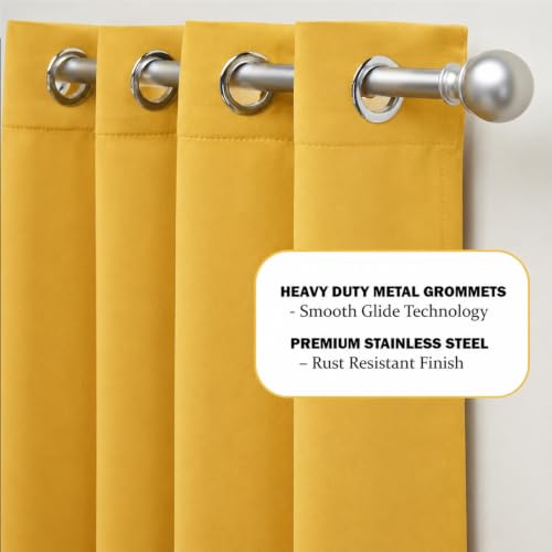 Image of 100% Blackout Window Curtains, 7 Feet, Solid Design, Faux Silk, Thermal Insulated, Noise Reducing Eyelet Door Curtain with Tie Back for Living Room & Bedroom, 115x210cm, Pack of 1 - Yellow