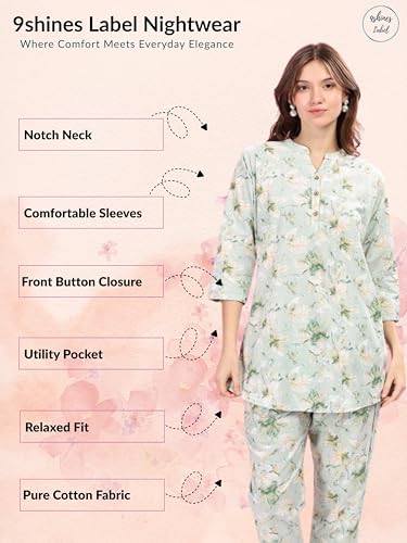Image of 9shines Label Pure Cotton Printed Women Top & Pyjama Set | Pyjama co-ord Set | Night Suit | Lounge wear for Home | Nightwear Set for Women | Night Dress for Women Stylish (COPJ-5)