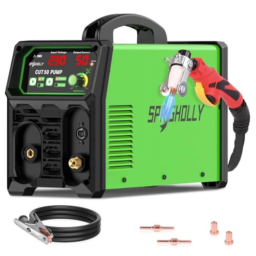 SPRIGHOLLY Découpeur plasma avec compresseur intégré – 50A IGBT 230V numérique – Modes de coupe 2T/4T – Allumage HF – Coupe nette 8 mm, max. 12 mm...