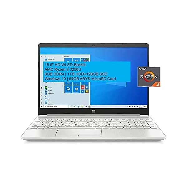HP 15.6" HD Micro-Edge WLED-Backlit Laptop Computer, AMD Ryzen 3 3250U, 8GB DDR4, 1TB HDD + 128GB SSD, Webcam, Bluetooth, WiFi, HDMI, Windows 10, Google Classroom Compatible, 64GB ABYS MicroSD Card
