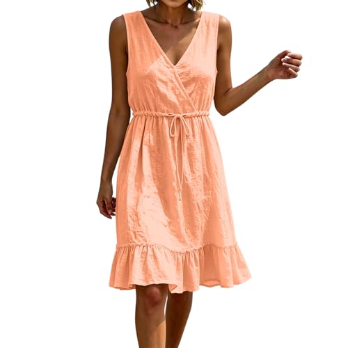 Image of GMQWRK Casual Sleeveless Dress for Women Wrap V-Neck Tie Waist Dresses with Frill Ruffle Hem Flowy A-Line Tiered Pleated Tunic Dress Holiday Short Sundress Summer Tank Vest Dresses Orange