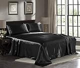 Satin Sheets Queen [4-Piece, Black] Hotel Luxury Silky Bed Sheets - Extra Soft 1800 Microfiber Sheet Set, Wrinkle, Fade, Stain Resistant - Deep Pocket Fitted Sheet, Flat Sheet, Pillow Cases