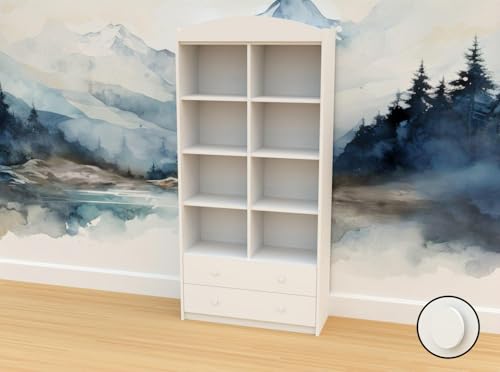 Happy Babies Estantería blanca con puertas, estantería para libros | habitación infantil con 2 cajones profundos y 6 estantes, estantería de pie para libros, estantería de pie 88 x 187 x 34 cm (mango
