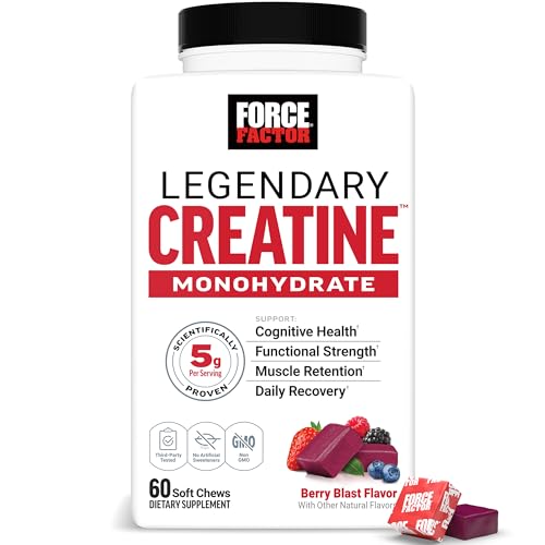 Force Factor Legendary Creatine Chews, 5g Creatine Monohydrate, Build Muscle, Improve Strength & Recovery, Support Memory & Cognitive Function, Sugar Free, Berry Blast, 60 Soft Chews