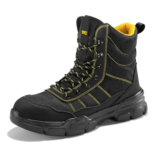 SPIEZ Sicherheitsschuhe Herren SB PL, Leichte Arbeitsstiefel mit Reißverschluss, Durchtrittsichere Sicherheitsstiefel Herren Bequeme Arbeitsschuhe, EU42, Schwarz-Gelb