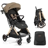 Gromast Cochecito de bebé plegable Gravity, cochecito de viaje portátil con respaldo ajustable y toldo, ligero y protegido contra los rayos UV, plegable automáticamente con una mano, Golden