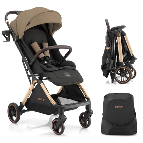 Image of Gromast Gravity Folding Baby Stroller - Portable Travel Toddler Stroller w /Adjustable Backrest, Canopy & Cup Holder, Lightweight and UV Protected, One-Hand Automatic Folding - Golden Khaki