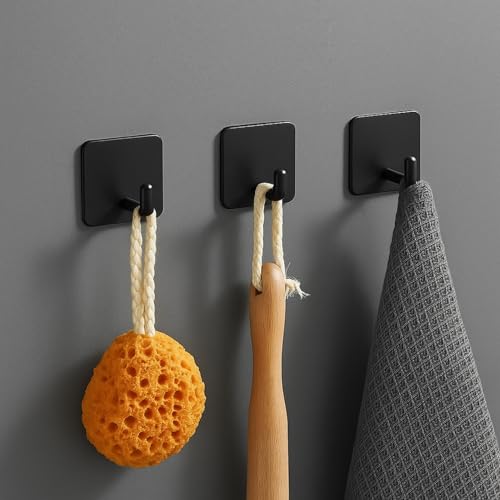 Image of Zulaxy Metal Wall Hooks, Self Adhesive Hooks for Bathroom, Kitchen, Towel, Key, Utensil, Heavy Duty Waterproof & Rustproof - No Drilling, Square Design (Pack of 4, Black)