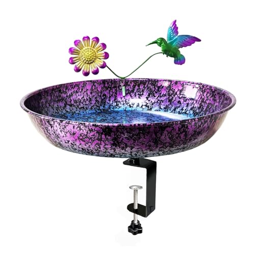 Deck Bird Bath for Outdoors 11 Inch Colorful Purple/Blue Metal Birdbath Bowl Adjustable Steel Clamp Mounted Garden Bird Bath Feeder for Railing Balcony Outdoor Decor Yard Art