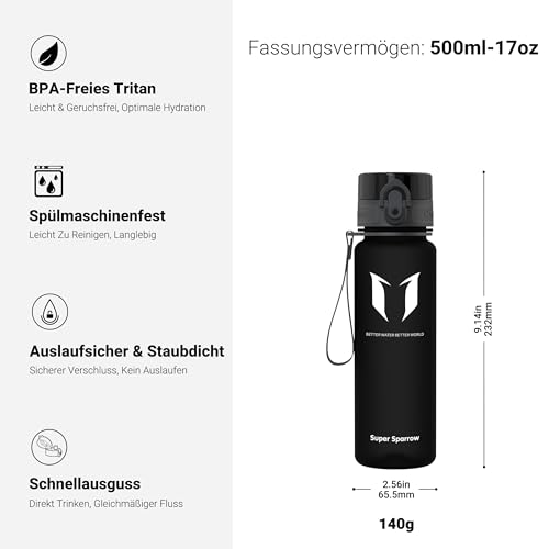 Super Sparrow Trinkflasche - Tritan Wasserflasche - 500ml - BPA-frei - Ideale Sportflasche - Sport, Wasser, Fahrrad, Fitness, Uni, Outdoor - Leicht, Nachhaltig