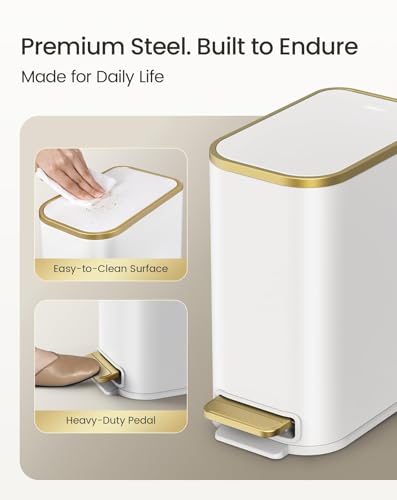 Image of Cesun Small Bathroom Trash Can with Gold Grimmed Lid & Pedal, 1.3Gal, White