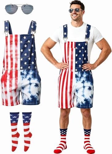 Unisex Patriotic American Flag Bib Overall Shorts 3Pcs 4th of July Costume Outfits Festival Romper Adjustable Straps Jumpsuit