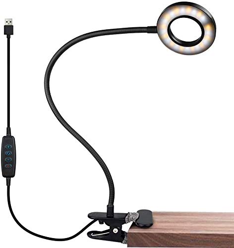 Salandens Lámparas Clip,LED Lámpara De Mesa Escritorio, Luz De Lectura Con Abrazadera USB Portátil Flexible Regulable Con 3 Modos De Iluminación y 10 Niveles De Brillo Para Oficina Dormitorio Lectura Estudiar 8w (Negro)