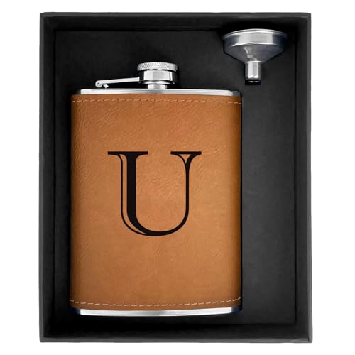 CARAKNOTS Regalos personalizados para hombres, petaca de cuero grabada con inicial, monograma, regalos de cumpleaños para papá, novio, marido, tío, petaca de acero inoxidable de 8 onzas para licor