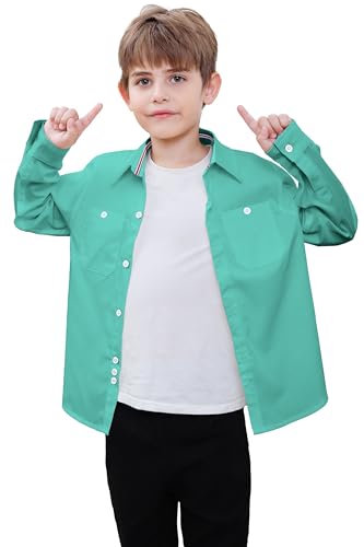SANGTREE Boys & Mens 100% Cotton Long Sleeve Button Down Shirts Solid Collared Shirts with Two Pockets2