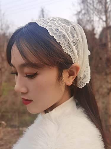 YuRongsxt Lace Bandanas for Women Tulle Headband Kerchief Church head wrap Kerchief Tie-style Head Covering M26 (Ivory) - Thumbnail 2