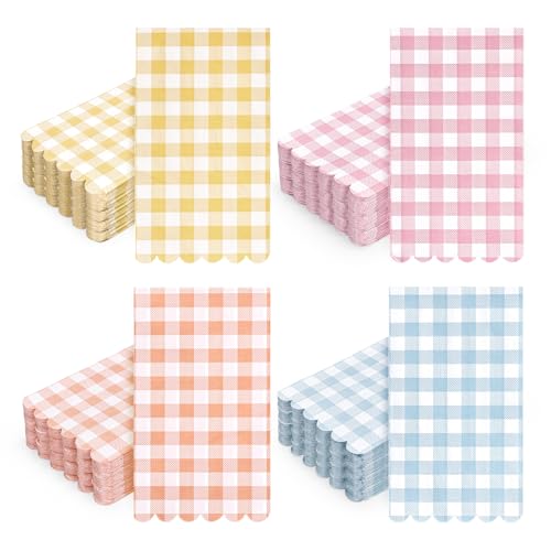 Whaline 100 Pcs Gingham Pastel Guest Napkins Colored Buffalo Plaid Scalloped Disposable Napkins Checkered Dinner Hand Paper Napkin for Bathroom Birthday Picnic Party Table Supplies