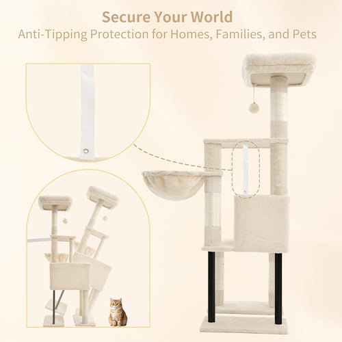 Image of Heybly Cat Tree with Toy, 49.2 inch Cat Tower for Indoor Cats HCT200SM | Spacious Cat House Condo with Hidden Space,Soft Plush Top Perch,Cozy Hammock and Sisal Scratching Posts, Beige