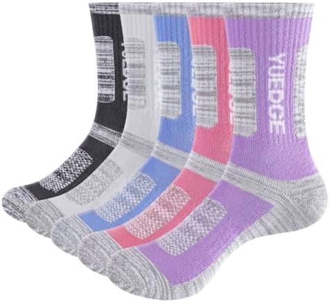 YUEDGE 5 Pairs Women's Outdoor Hiking Socks For Women, Moisture Wicking Cushioned Crew Athletic Socks Padded Work Boot Socks