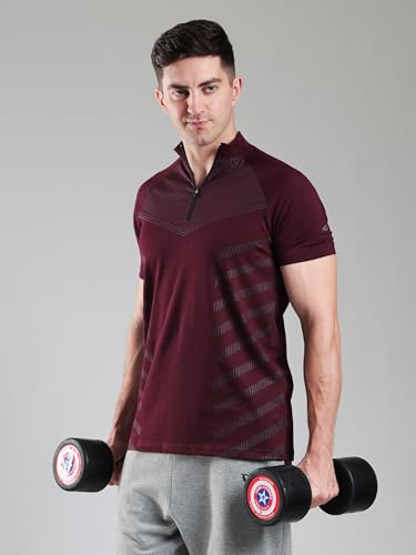 Image of GROW Stylish Aeroflex Zip T Shirt for Men Workout | Cotton and Spandex Quarter Zip Back Printed Collar T-Shirts for Men Half Sleeves