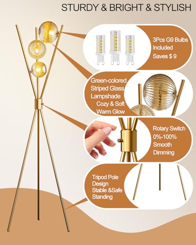 Image of Lightdot Dimmable Tripod Floor Lamp Gold Art Deco Floor Lamp with Brown Globe Glass Lampshade 3Pcs Bulbs Included Tripod Standing Lamp for Living Room /Bedroom /Sofa Beside /Corner Decor