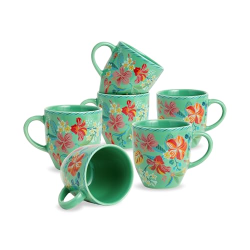 Image of Shay Ceramic Coffee Mug Set, Set of 6, 300ml, Big Bold Floral | Medium Mug | Glossy Finish | Ceramic Cup | Microwave Safe (Mint Big Bold Milk Mug, Set of 6)