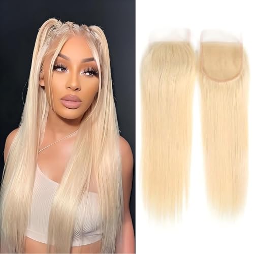 4x4 Hd Transparent Lace Blonde Free Part Straight Human Hair Ultra Thin Frontal Lace Tiny Knots Brazilian Virgin Pre Plucked Natural Hairline Blonde Color 16 Inch