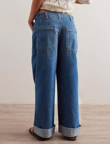 Women's Wide Leg Jeans Mid Waisted Stretchy Straight Leg Pants Palmer Cuffed Jeans with Pockets2