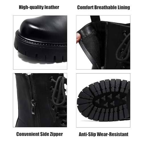 Men'S Black Leather Lace Up Platform Combat Boots Retro Wide Toe Side Zipper Comfort Chunky Lug Sole High Top Riding Motorcycle Boots Casual Waterproof Non-Slip Dress Chukka Booties2