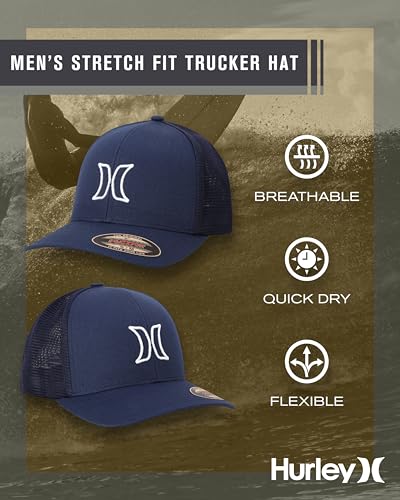 Image of Hurley Mens Trucker Hat - Lightweight Breathable Stretch Mesh Back Curved Bill Baseball Cap with 3D Front Icon Logo