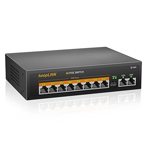 keepLiNK 10 Port Poe Switch with 8 Port Poe+, 2 Fast Ethernet Uplink,10/100Mbps, Switch Poe da 120W 802.3af/at, Plug and Play, Metallo Senza Ventola