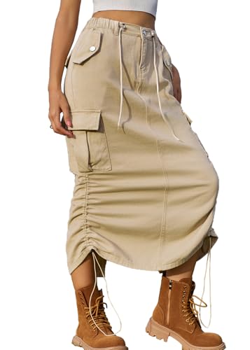 Women Cute Y2k Denim Midi Cargo Skirt Casual High Waisted Ruched Drawstring Slit Long Jean Skirt with Pocket