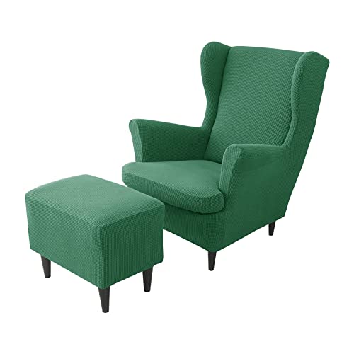 Fundas elásticas para sillón orejero y otomana en color verde juego de 2 piezas para sala