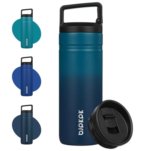 Image of BJPKPK 20 oz Insulated Travel Water Bottle, Coffee Tumbler Stainless Steel | Double Wall Vacuum, Leakproof, Thermal, Keeps Hot /Cold, BPA Free, Dishwasher Safe, Spill Proof, Wide Mouth, 2 Lids, Sea
