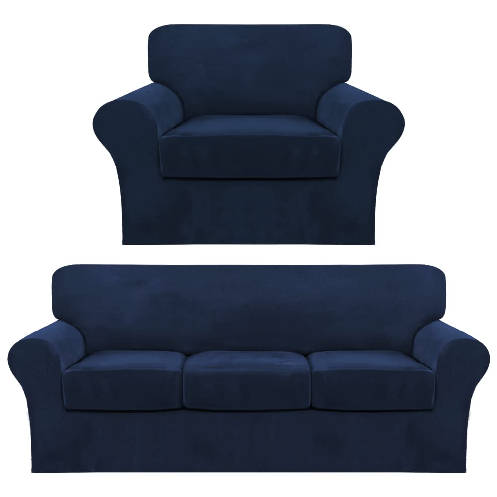 FantasDecor4 Piece Sofa Covers Velvet Couch Covers for 3 Cushion Couch bundle 2 Piece Velvet Armchair Covers, Navy