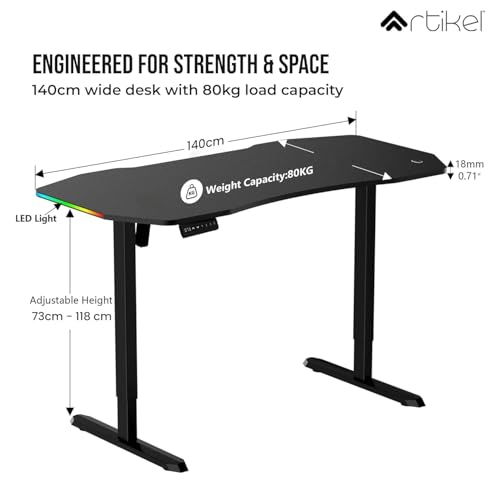 Image of ARTIKEL Dagger Electric Height Adjustable Gaming Table for Home & Office with RGB Light| Cup Holder, Headset Hook, Cable Management |72-118cm|80kg Capacity - Black|3 yrs Warranty (Black, Dagger)