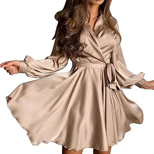 Sommerkleid Damen Satin Kleid Langarm Elegant Einfarbig Lange Ärmel V-Ausschnitt Pleated Maxikleid mit Gürtel Festlich Knielang Bodycon Kleid Swing...