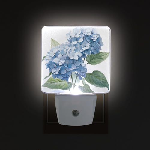 Image of Blue Hydrangeas Flower Night Lights 2 Pack Plug-in Wall Led Nightlight Auto Dusk-to-Dawn Sensor Lamps for Bedroom Kitchen Bathroom