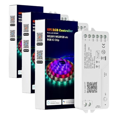 Image of BTF-LIGHTING DR03W SPI RGB 2.4G WiFi Controller Tuya APP /Smart Life /Google Home /Alexa Control Support WS2812B WS2811 WS2815 etc Addressable LED Strip Work with WR01RF RC03RFB RF Remote (Pack of 3)