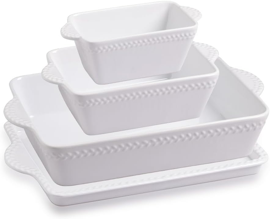 Sweejar Ceramic Baking Dish Lasagna Pans with Trivet, Rectangular Bakeware for Cooking, Kitchen, Cake Dinner, Banquet, 15.3x 9.6 x 2.8 Inches of Casserole Dishes（White）