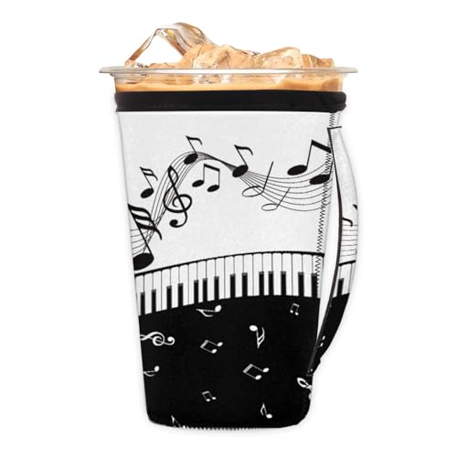 Piano Sheet Music Hand Drawing Reusable Neoprene Coffee Sleeve with Handle Insulated Iced Coffee Cup Holder Reduces Condensation Fits 24-28 oz Cups M