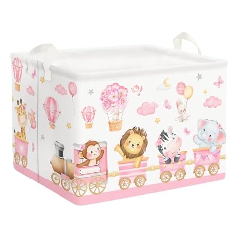 Clastyle Large Pink Train Animal Baby Girl Basket Collapsible Rectangle Flower Balloon Book Shelf Basket Monkey Lion Toy Clothes Storage Cube for Kid Room Cover