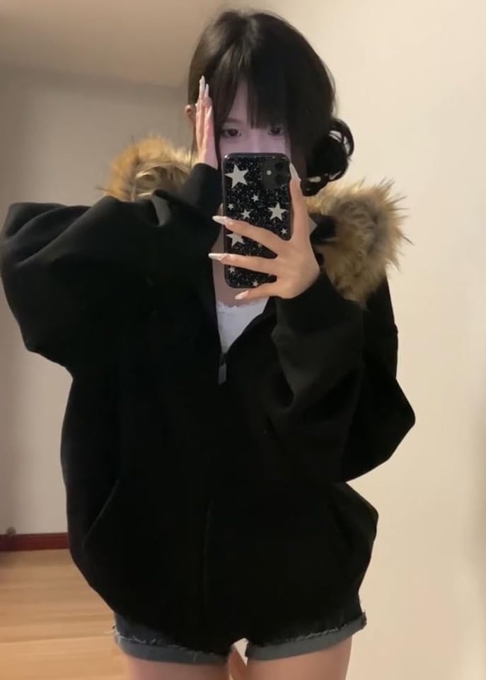 Women's Y2K Zip Up Hoodies with Fur Hood Winter Fuzzy Jackets Trendy Vintage Sweatshirt - Image 5