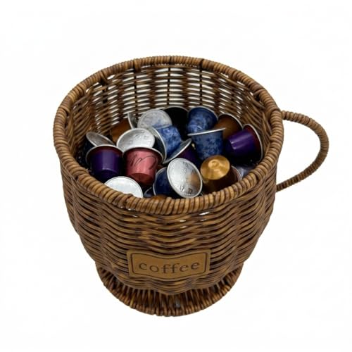 WuJiLiving Spacious Woven Coffee Pod Holder Basket - Multi-Functional Capsule Storage Organiser for Kitchen Counters, Fits Diverse Pod Sizes, Coffee Bar Accessory (Dark Woven)