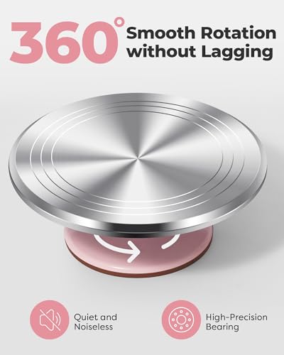 Image of Kootek Aluminium Cake Turntable Set, Baking Tools with Revolving 12 inch Cake Stand for Decorating, 12.7 inch Offset Spatula, 3 Stainless Steel Frosting Icing Smoother, Cake Serve Cake Decorating Kit Supplies