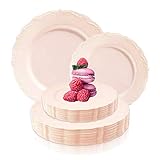 Elegant Disposable Plastic Plates 240 Count - 120 Heavy Duty 10' Pink Vintage Dinner Plates - 120 Fancy 7.5' Dessert Cake Appetizer Plates Catering Supplies For Wedding, Birthday Party & All Occasions