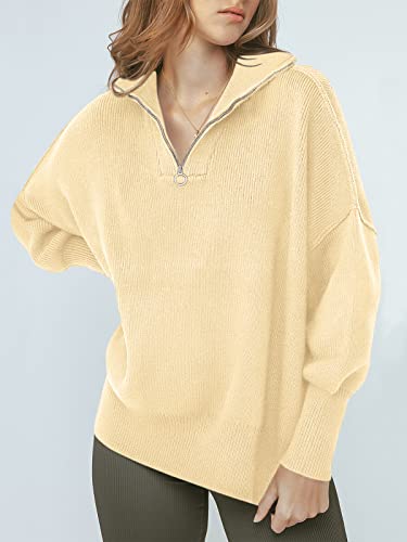 Image of ANRABESS Womens Oversized Quarter Zip Pullover Sweaters | Fall Fashion Outfits, Long Sleeve Slit Side, Baggy Loose Fit, 1 /4 Zip Lapel Collared, Ribbed Knit Soft Warm Winter Clothing