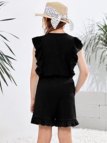 Kingdenergy Girls Sleeveless Ruffle Sleeve Jumpsuits Fashion Rompers Button Shorts One Piece Outfit With Drawstring #TOP3