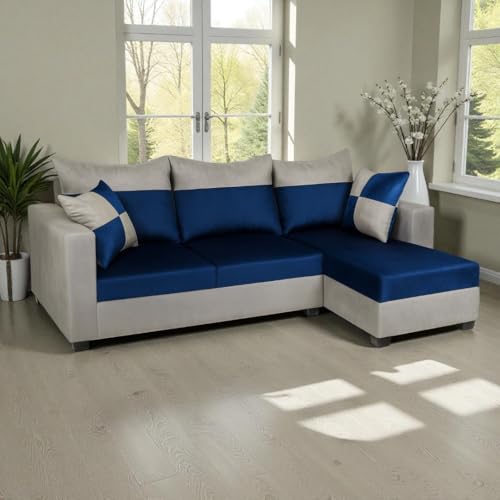 Image of FURNY Arissa 4 Seater Fabric RHS L Shape Sofa Set with Exta Cushions (Light Grey-Dark Blue) Premium Velvet Finish| Durable Comfort Ideal for Living Room